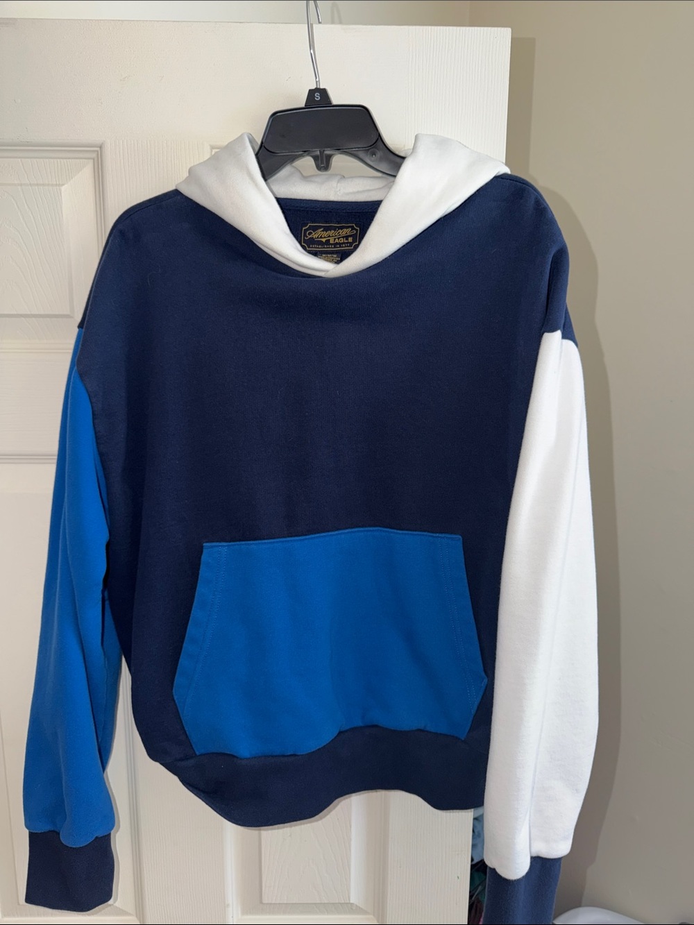 American Eagle Outfitters Navy and White Hooded Pullover
